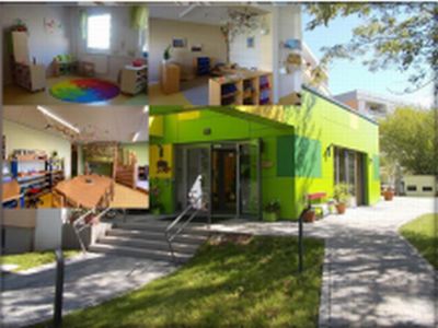 Collage Kindergarten Gl&uuml;w&uuml;rmchen Au&szlig;enansicht R&auml;umlichkeiten
